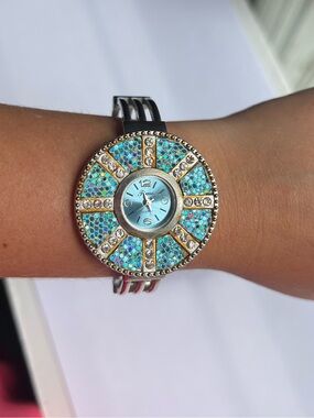 Time Blue Rhinestone Bangle Cuff Quartz Watch Silver Tone AS-IS Needs Battery